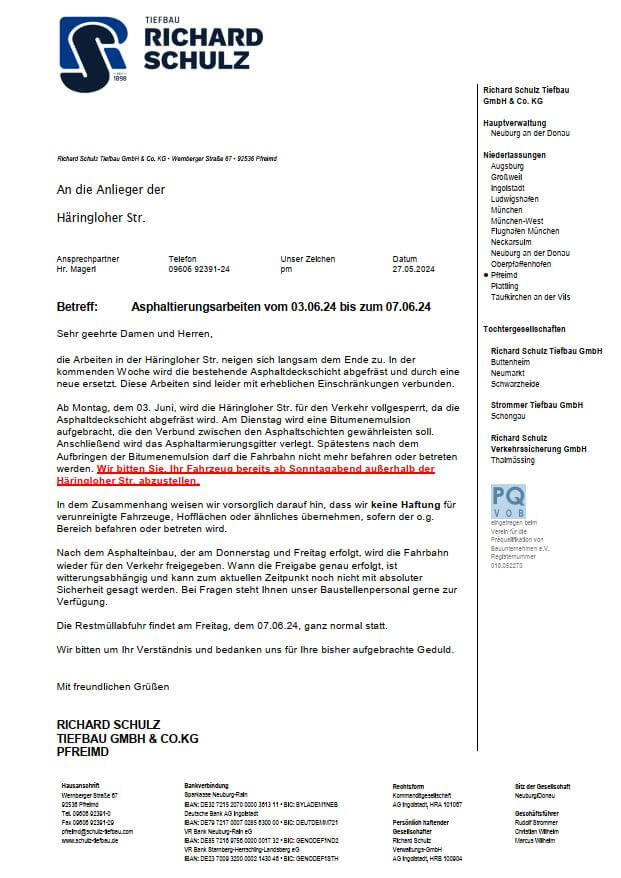 Häringloher Str.: Vollsperrung aufgrund Asphaltierungsarbeiten vom 03.06.2024 bis zum 07.06.2024