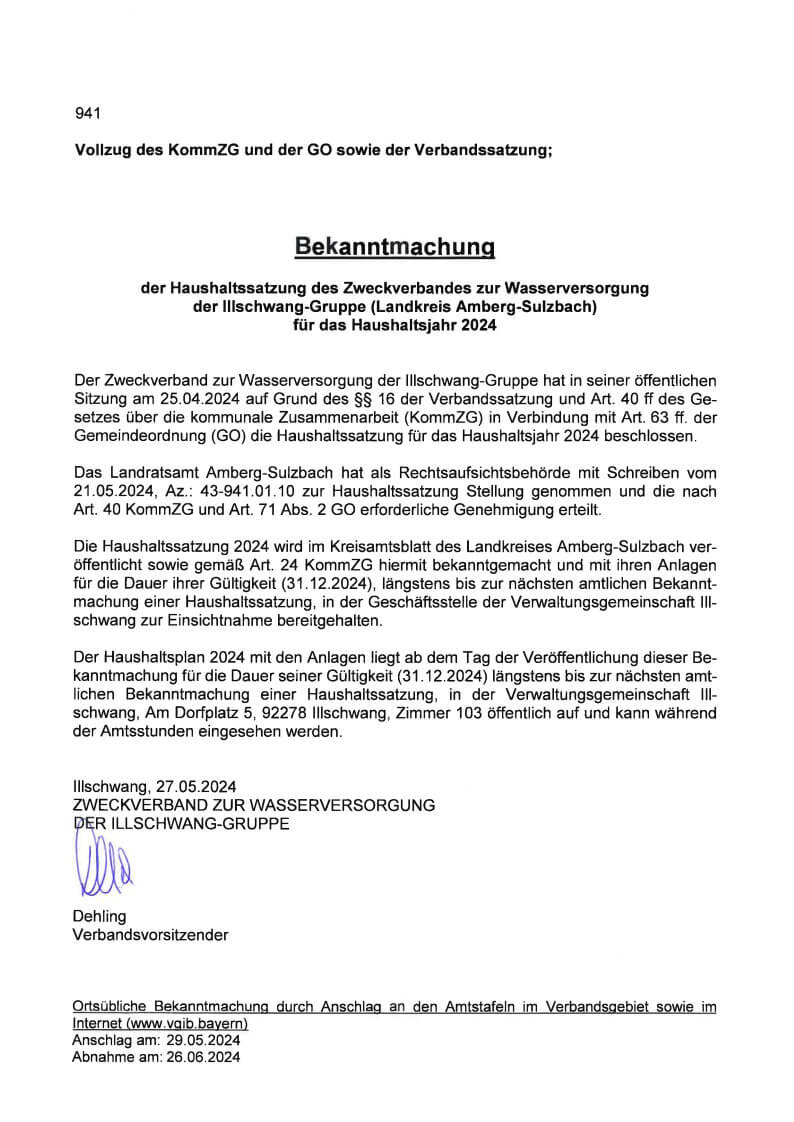 Bekanntmachung der Haushaltssatzung des Zweckverbandes zur Wasserversorgung der Illschwang-Gruppe für das Haushaltsjahr 2024